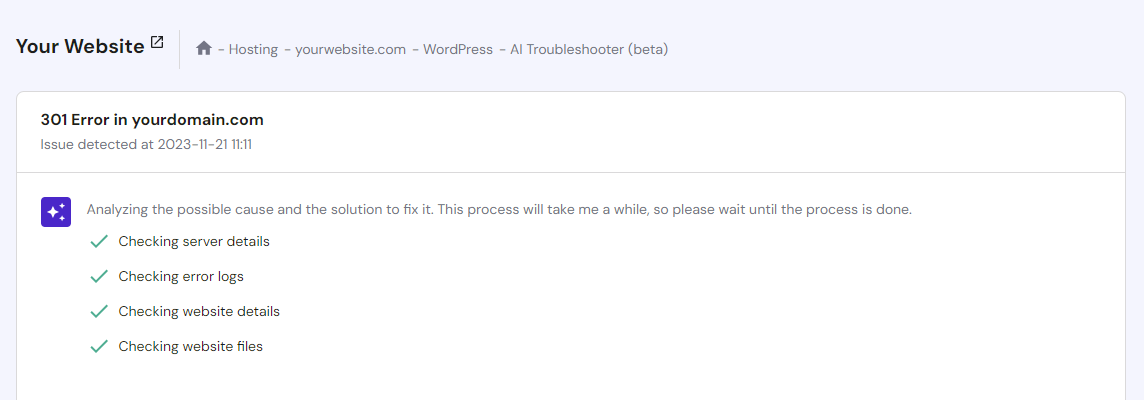 The WordPress AI Troubleshooter feature in hPanel