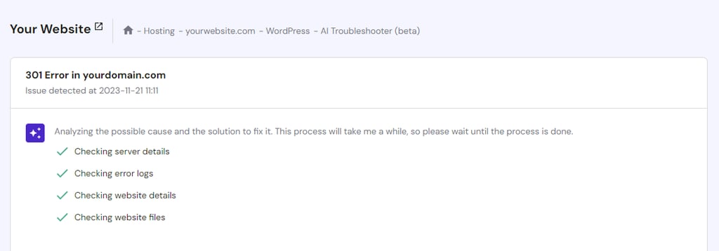 The WordPress AI Troubleshooter feature in hPanel