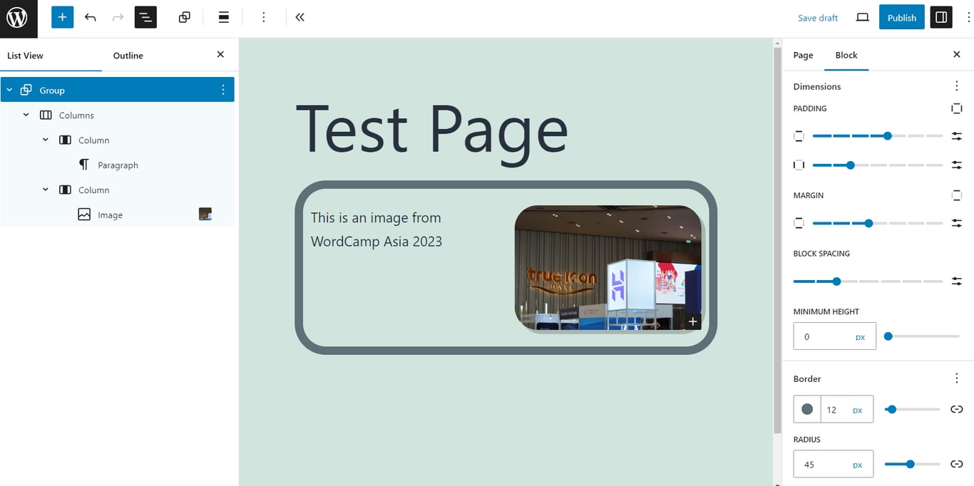 An example of using the appearance tools for a group block in a classic theme.
