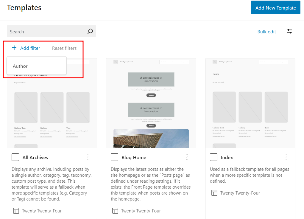 The author filter in the template library