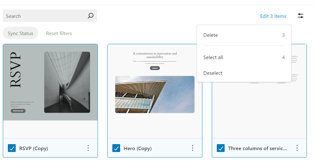 The bulk actions options in the pattern library