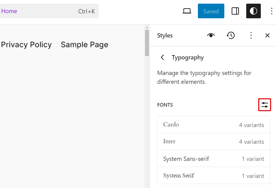 The global styles panel with the manage fonts button highlighted