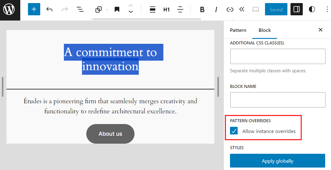 The pattern editing interface with the allow instance overrides toggle highlighted