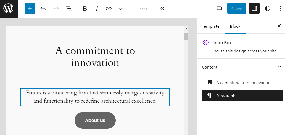 The pattern editing interface with a paragraph block editable in the pattern