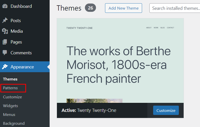 The link to the pattern library in the dashboard