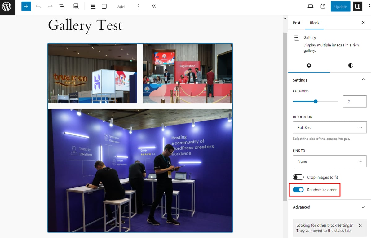 An example of randomized gallery with the randomize order settings highlighted