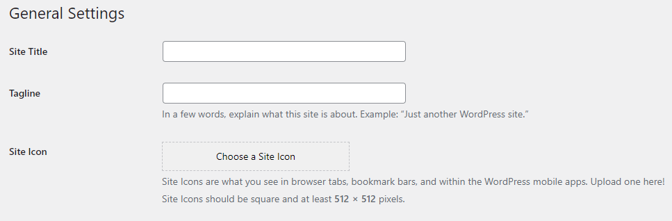The site icon settings in the dashboard