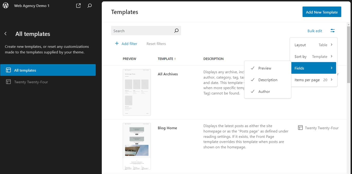 The template library view with the display fields configuration shown