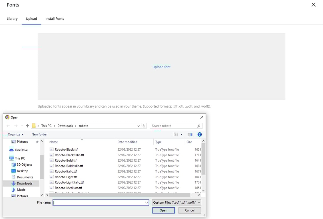 Uploading a font to the font library