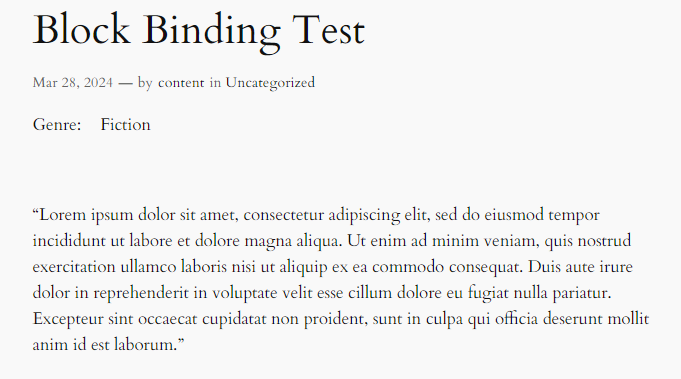 An example of a post where the block binding retrieves data from the genre custom field