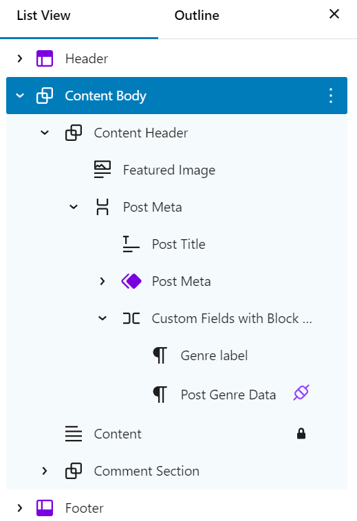 Example of a post template content structure with the majority of the blocks renamed