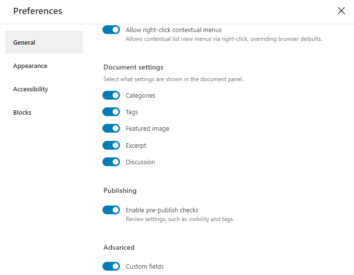 The preference panel on the block editor