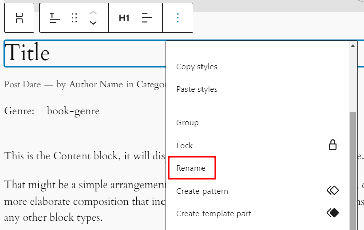 The rename option in the block toolbar menu
