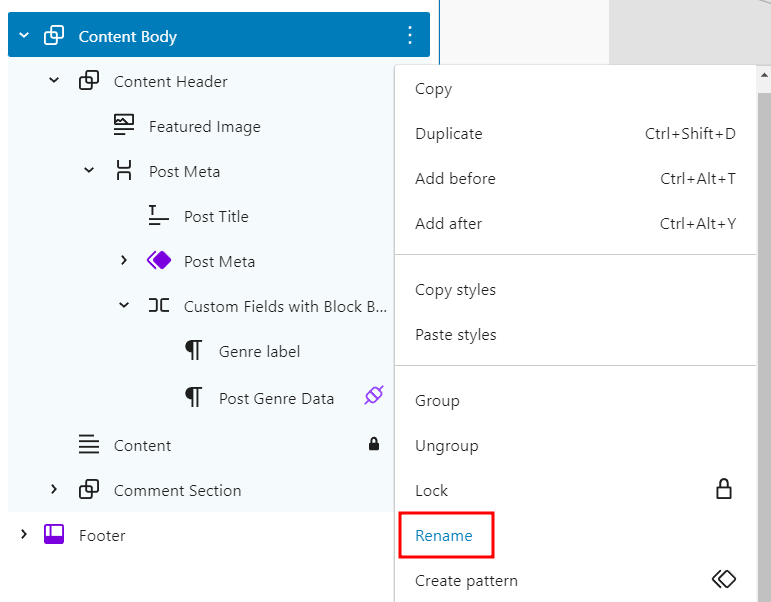 The rename option in the list view menu