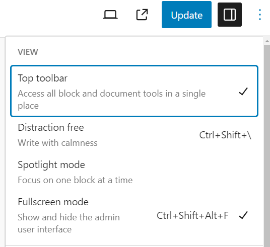 UI options in the post editor to set the top-toolbar, distraction-free mode, spotlight mode, and fullscreen mode