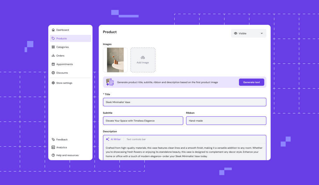 Short of words? Upload photos of your products, and our AI will give them full descriptions