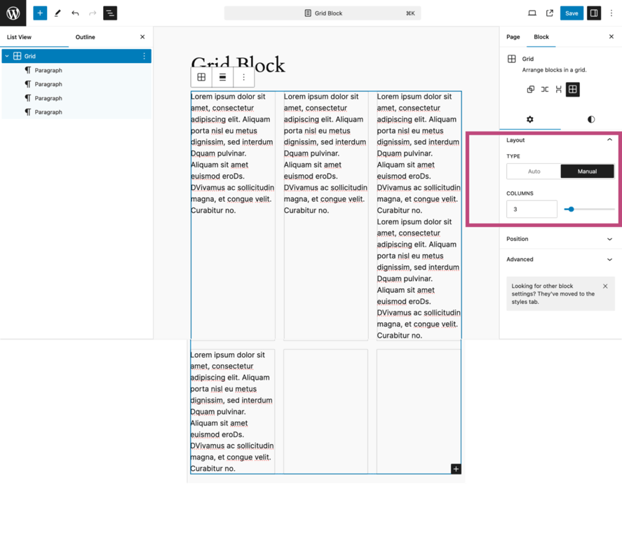 Configuring the amount of columns for the grid block