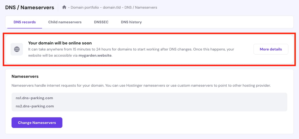 DNS / Nameservers dashboard now shows DNS propagation status. 
