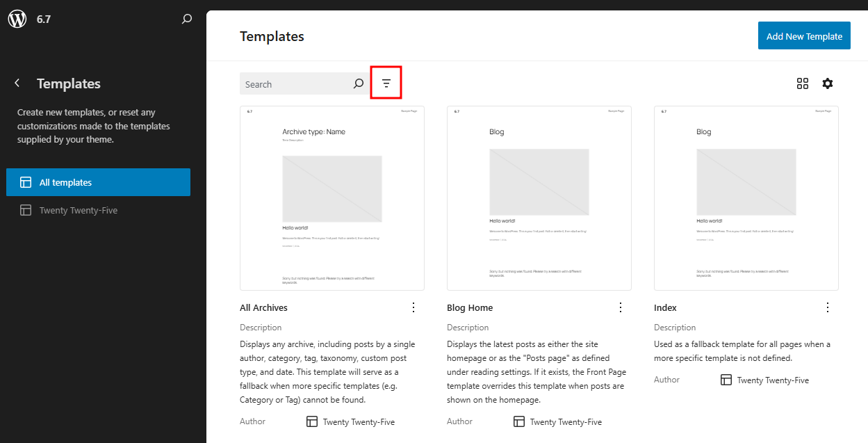 The pattern filter button on the pattern library