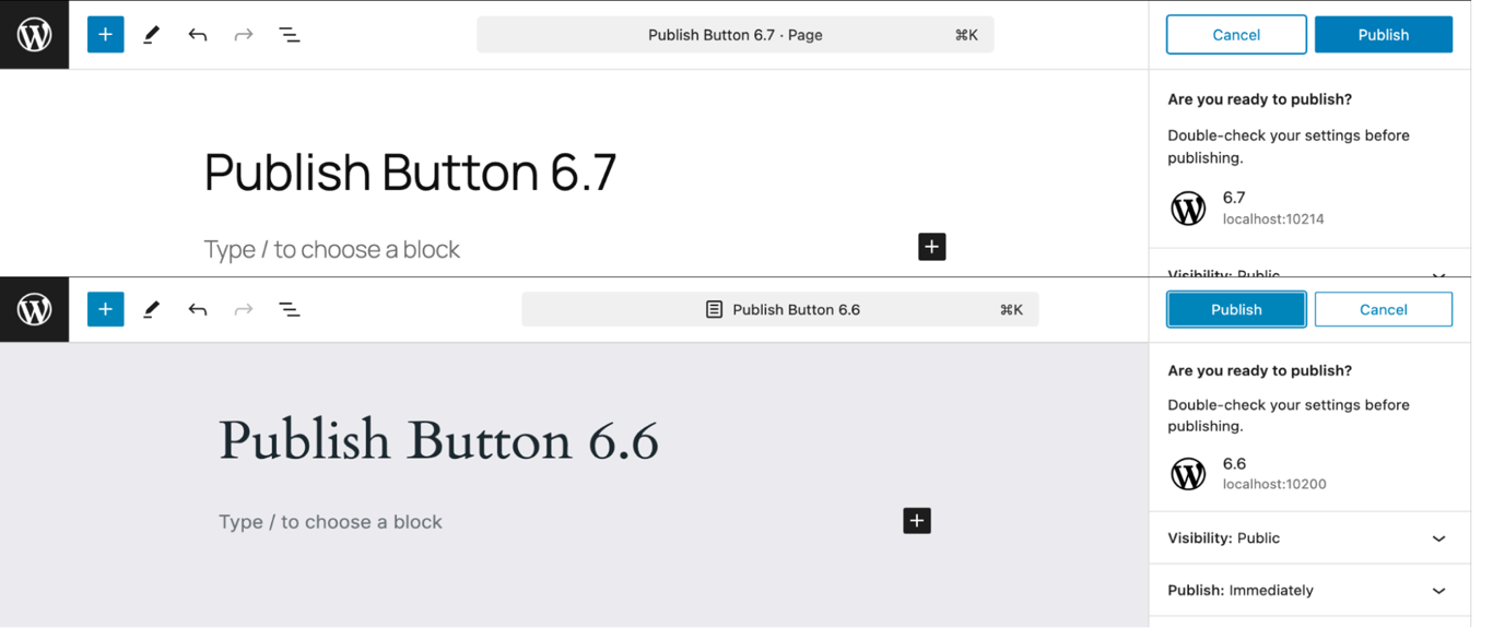 The comparison of publishing buttons in WordPress 6.7 and WordPress 6.6