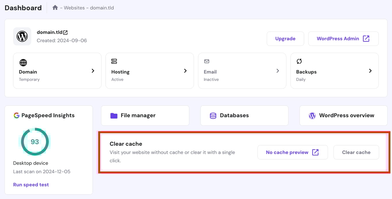 No cache preview in the Websites dashboard. 