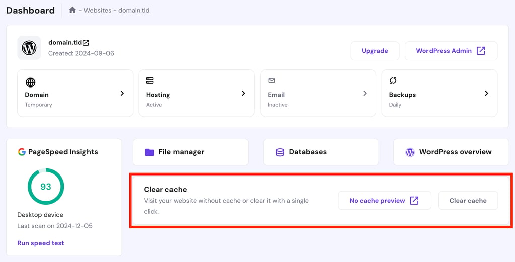 No cache preview in the Websites dashboard. 