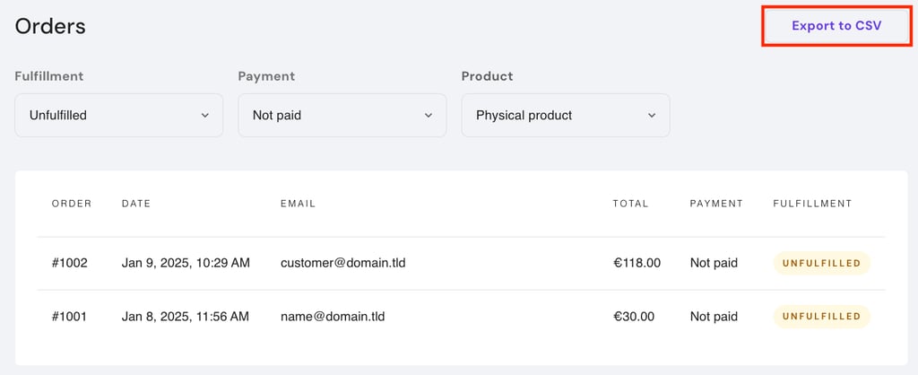 You can now export your orders to a CSV file.