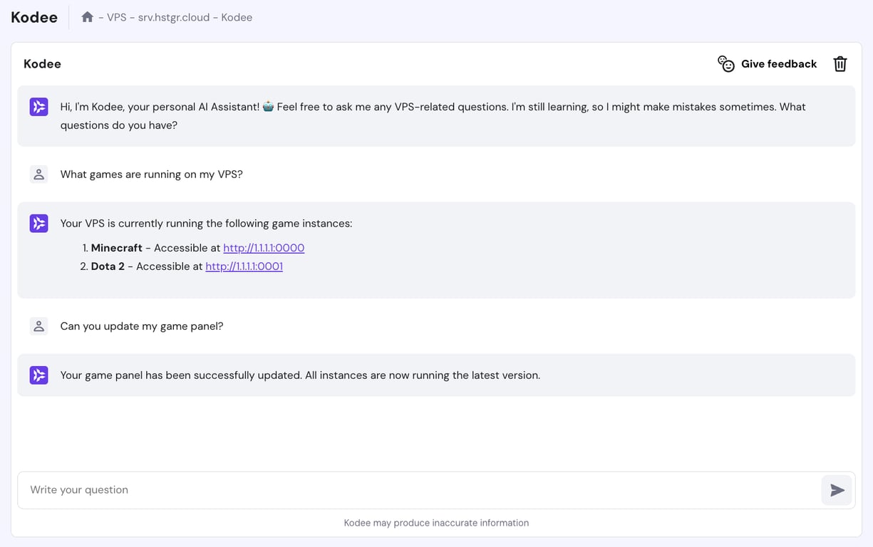 Kodee can help you self-manage your Game Panel hosting.