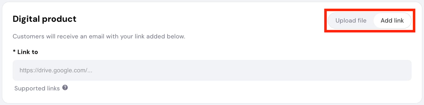 Adding a digital product with a link.