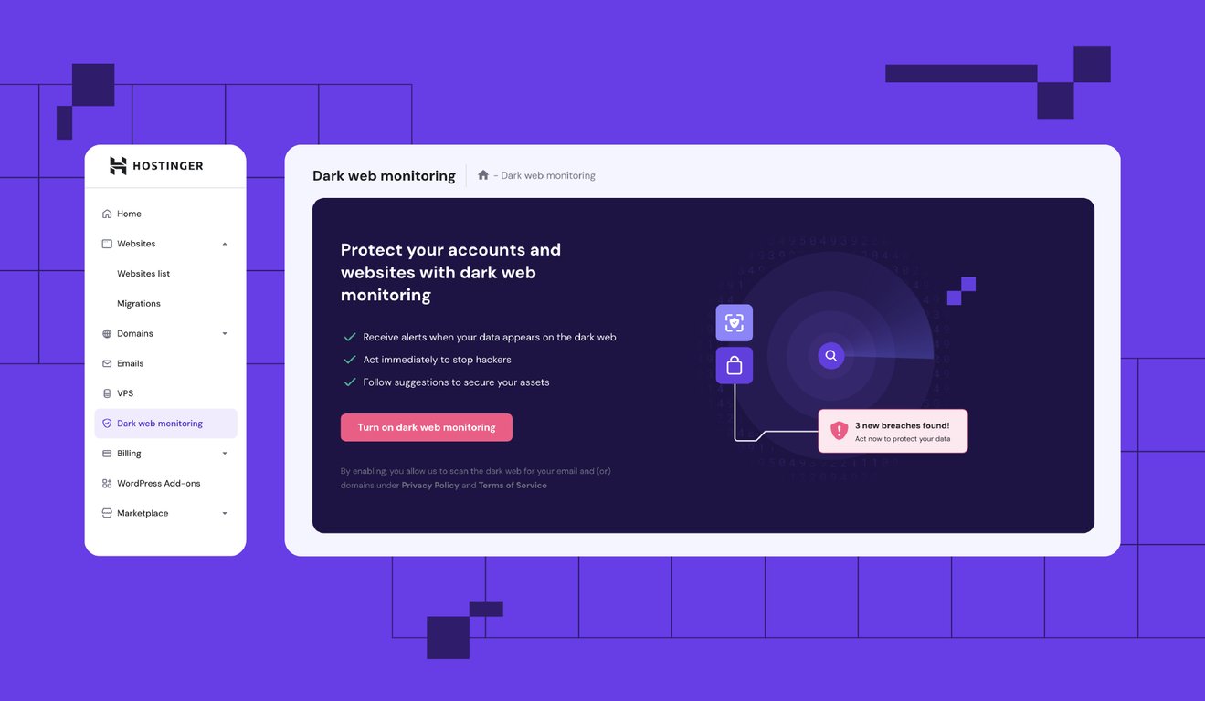 Hostinger's dark web monitoring switch in hPanel.