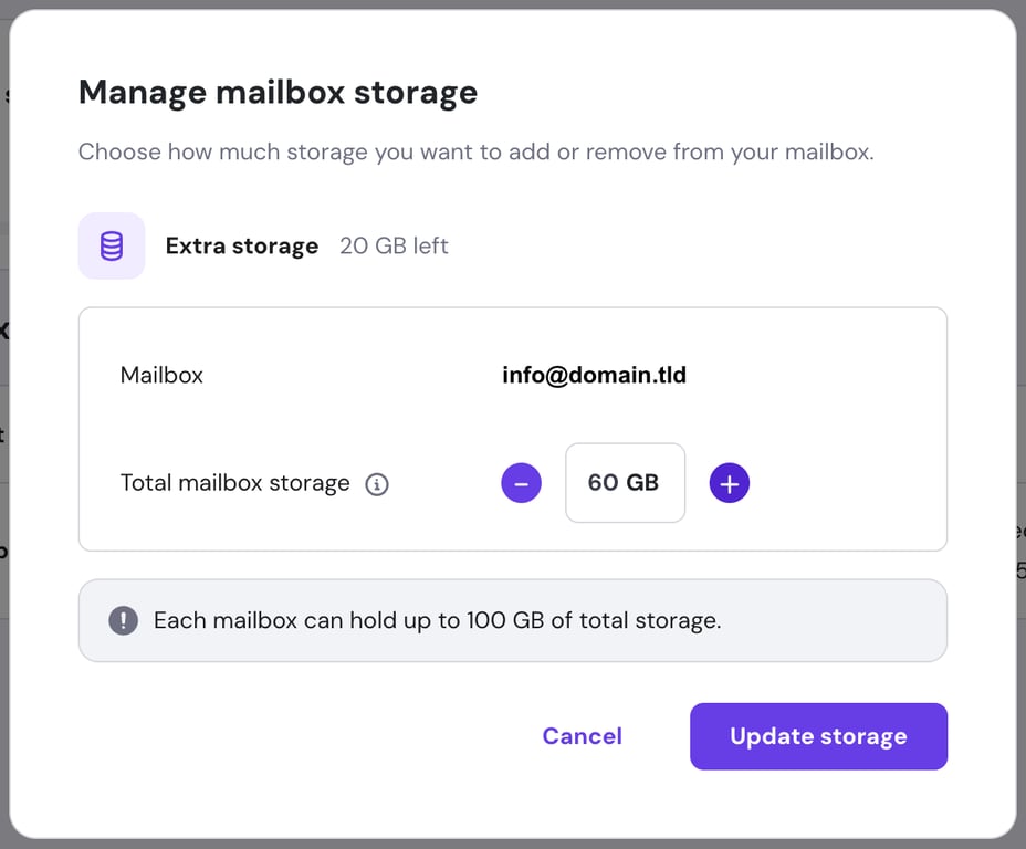 Manage mailbox storage window.