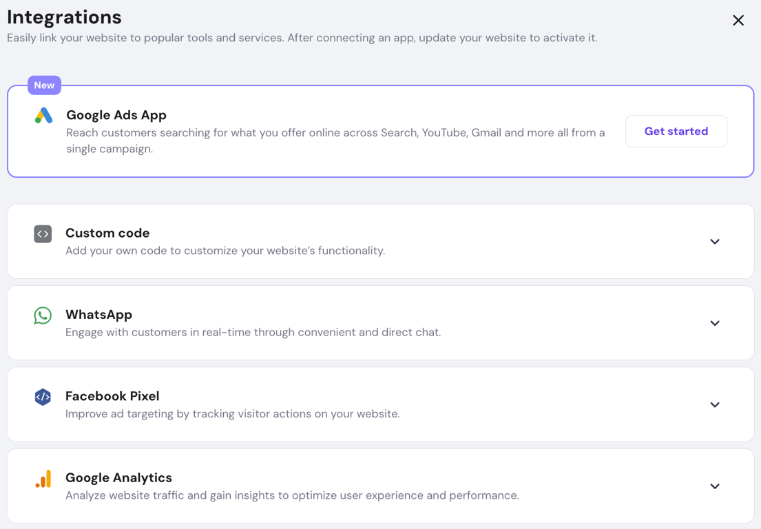Google Ads App integration in Hostinger Website Builder.