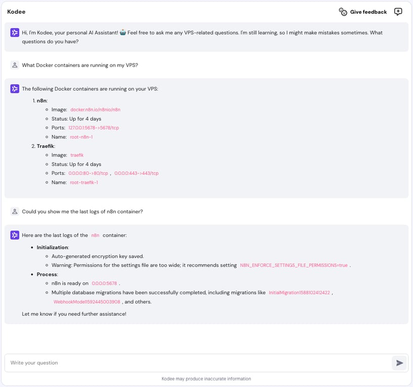 VPS Kodee answering questions about Docker containers.