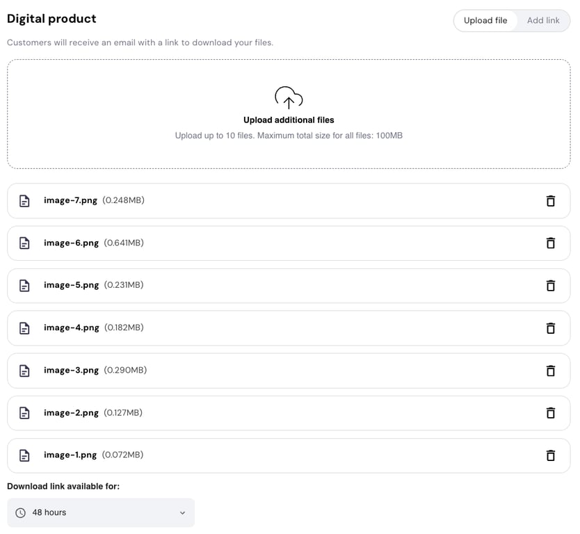 Upload up to 10 digital products at once and sell them as a single package.