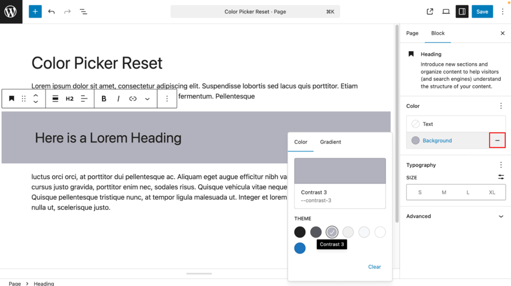 A page editor interface showing the background color setting, with the button to reset highlighted