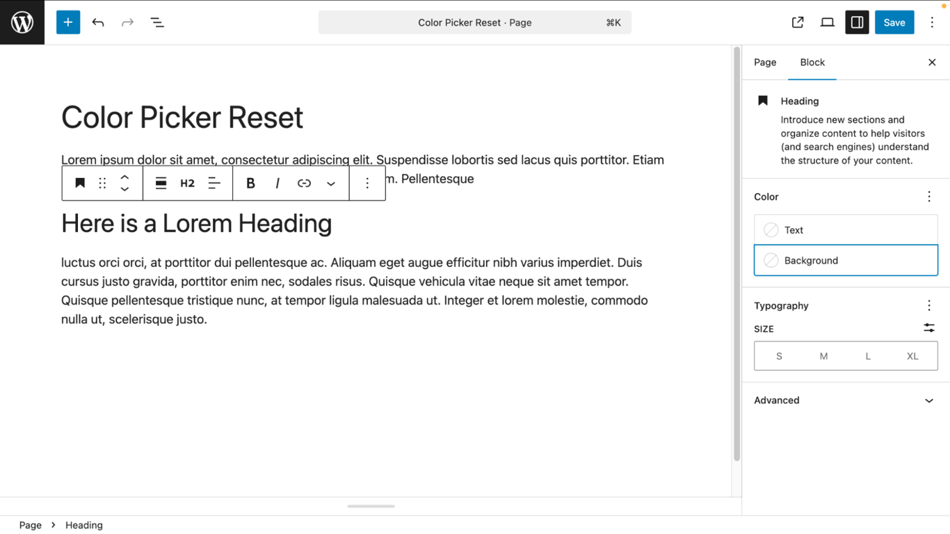 A page editor interface showing the changes after the background color is reset