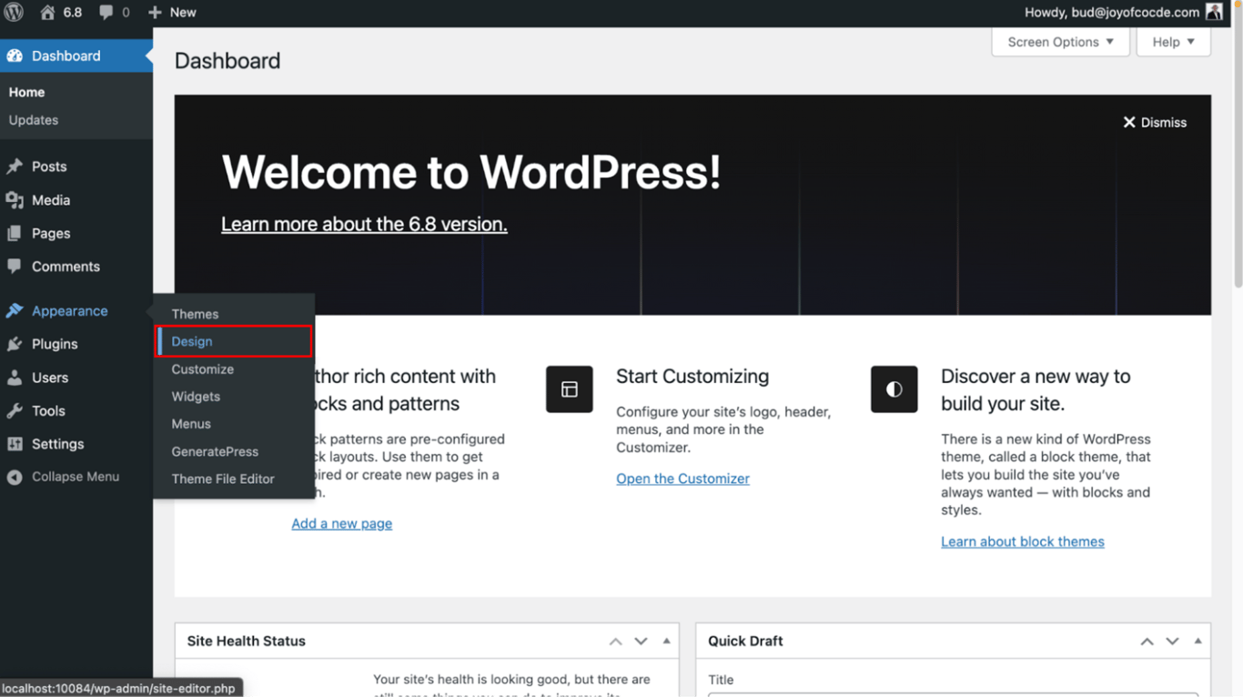The WordPress admin panel with a classic theme activated, showing the Design option in the Appearance menu