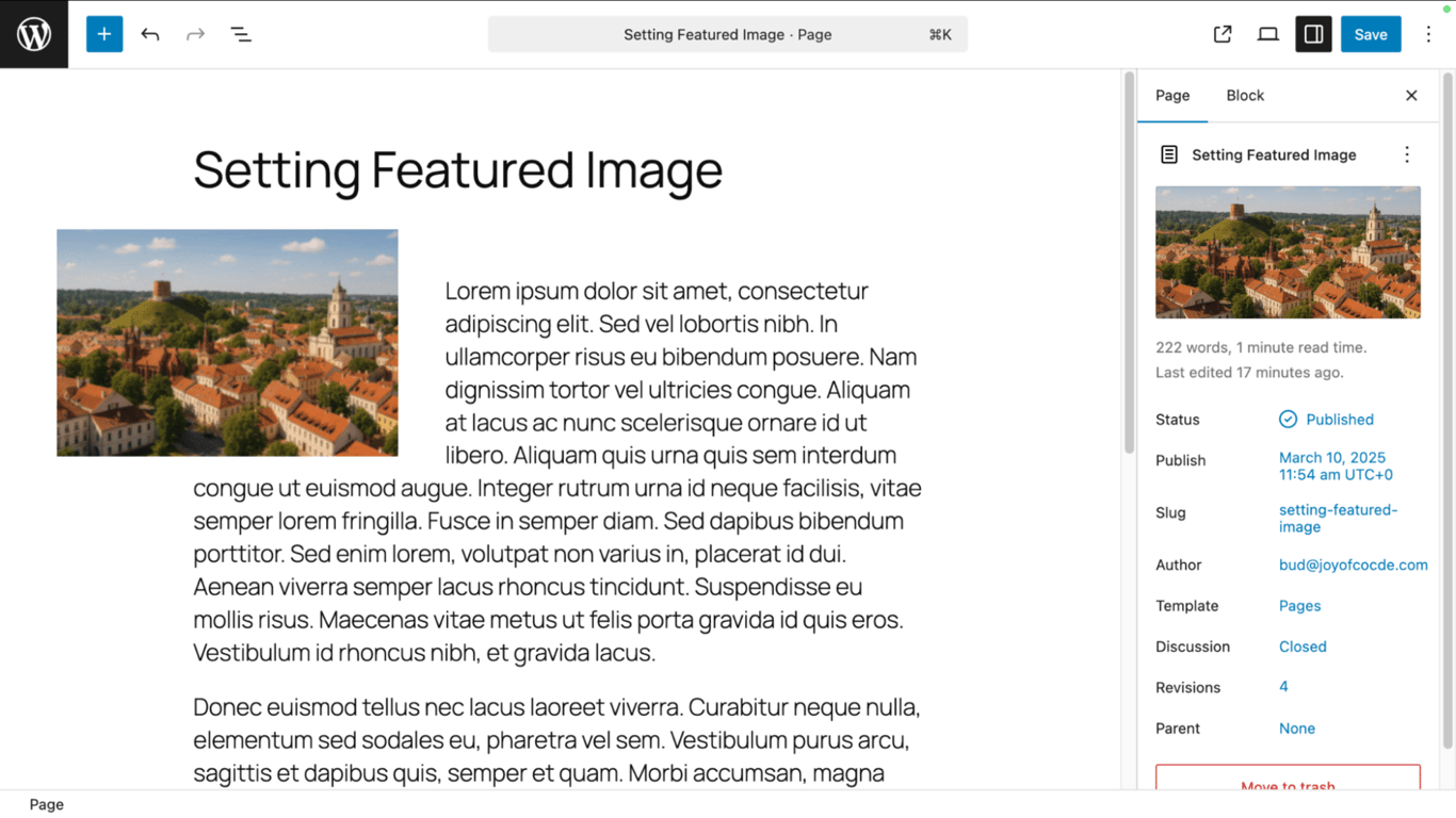 A page editor interface after the new featured image is set