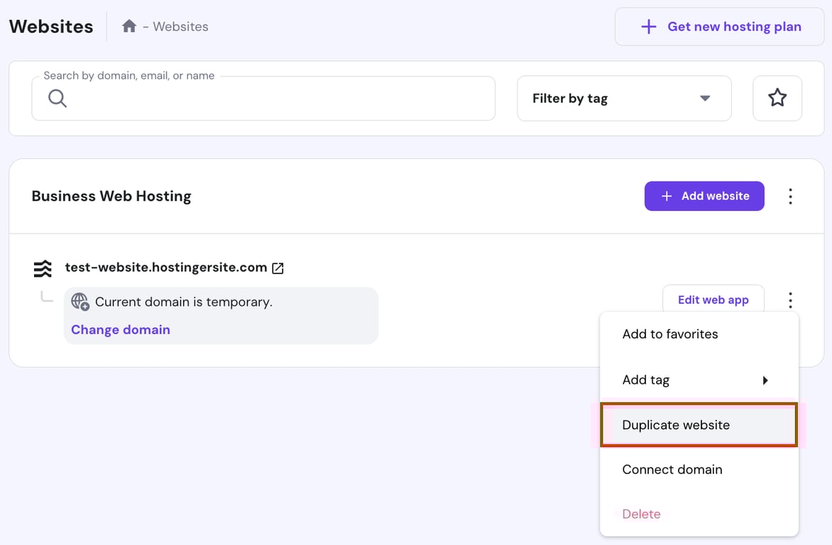 Hostinger Horizons website duplication in hPanel.