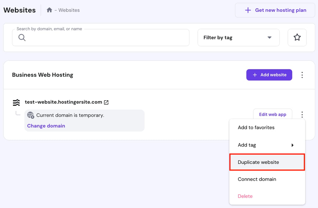 Hostinger Horizons website duplication in hPanel.