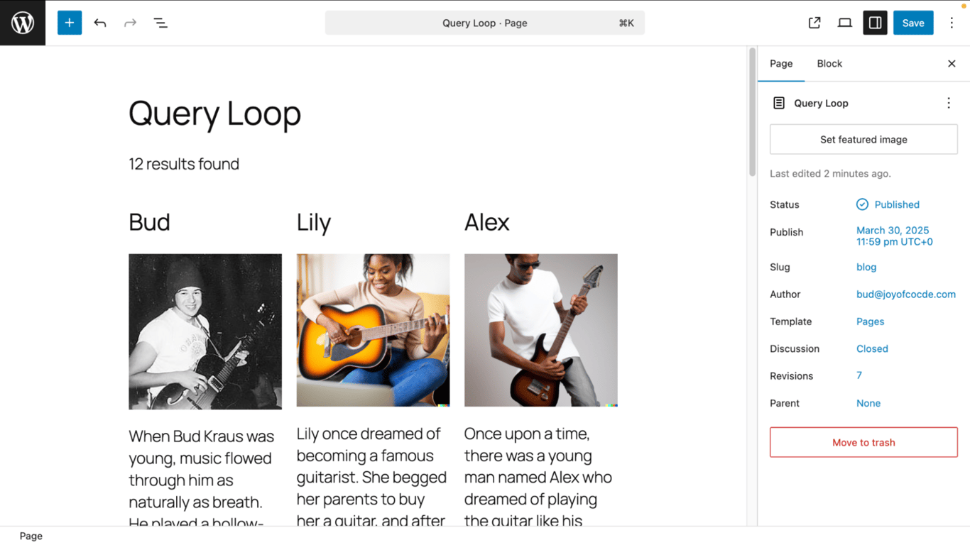 A page editor interface showing a query loop block with the query total widget added and showing the total number of posts