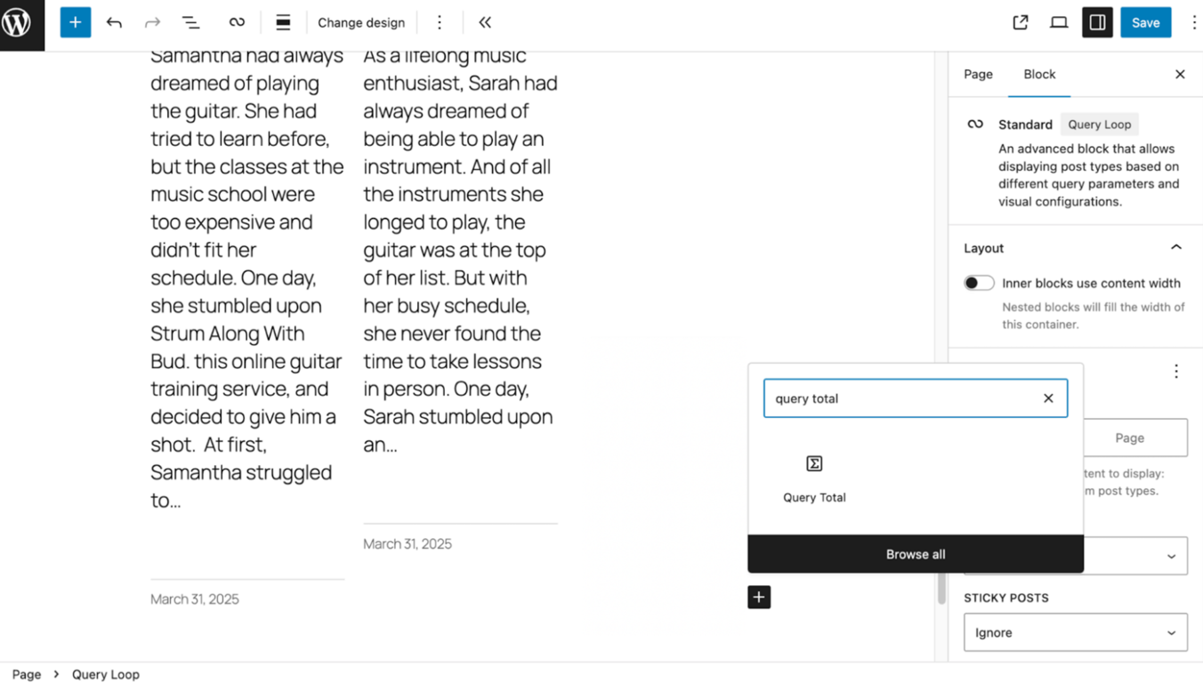 A page editor interface that demonstrates the new Query Total block available to insert inside a query loop block