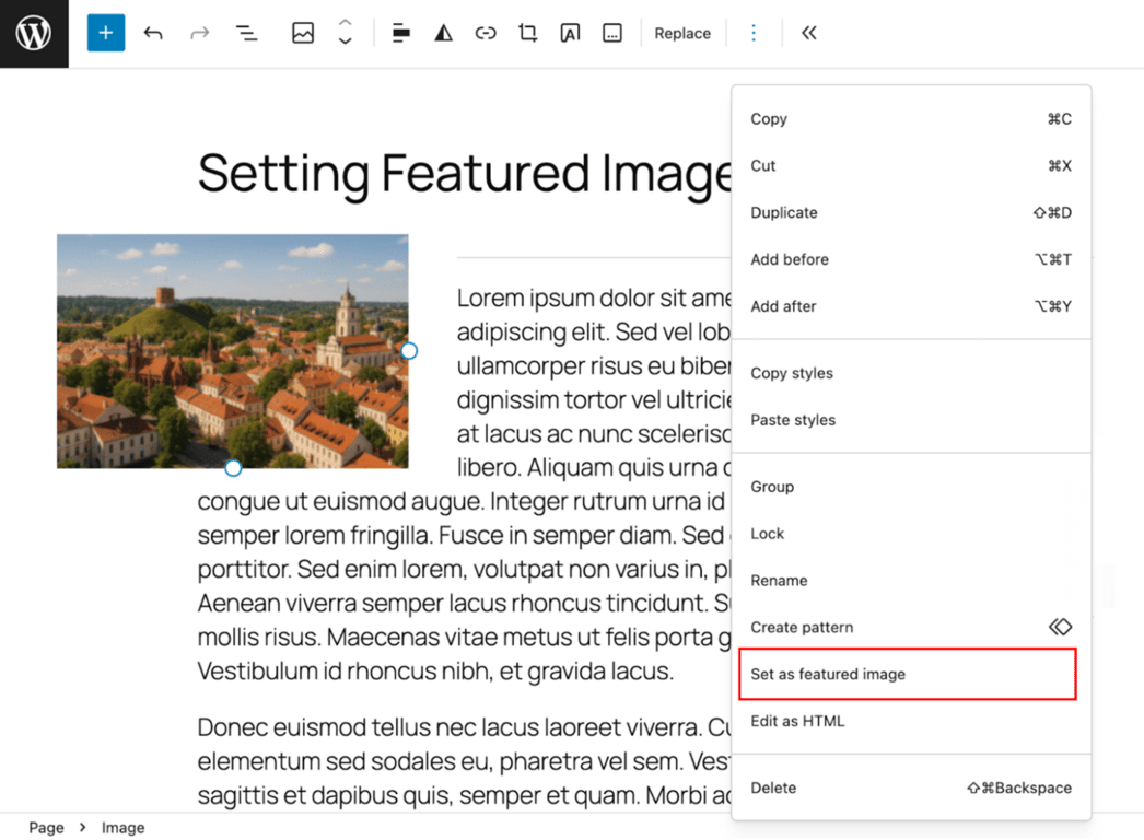 A page editor interface showing a block image with the option to set as featured image highlighted