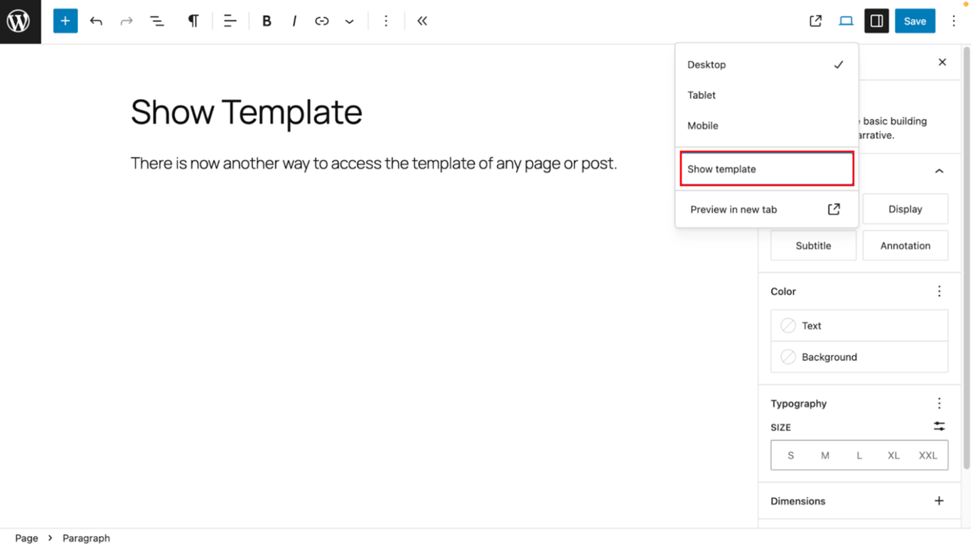 A page editor interface with the show template option highlighted