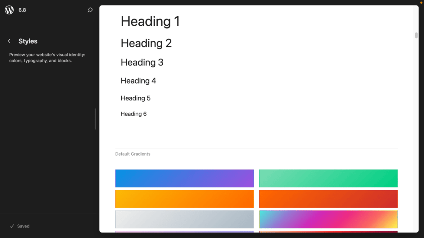 The design panel for a classic theme user, showing a style book interface that preview the overall design of the site's elements