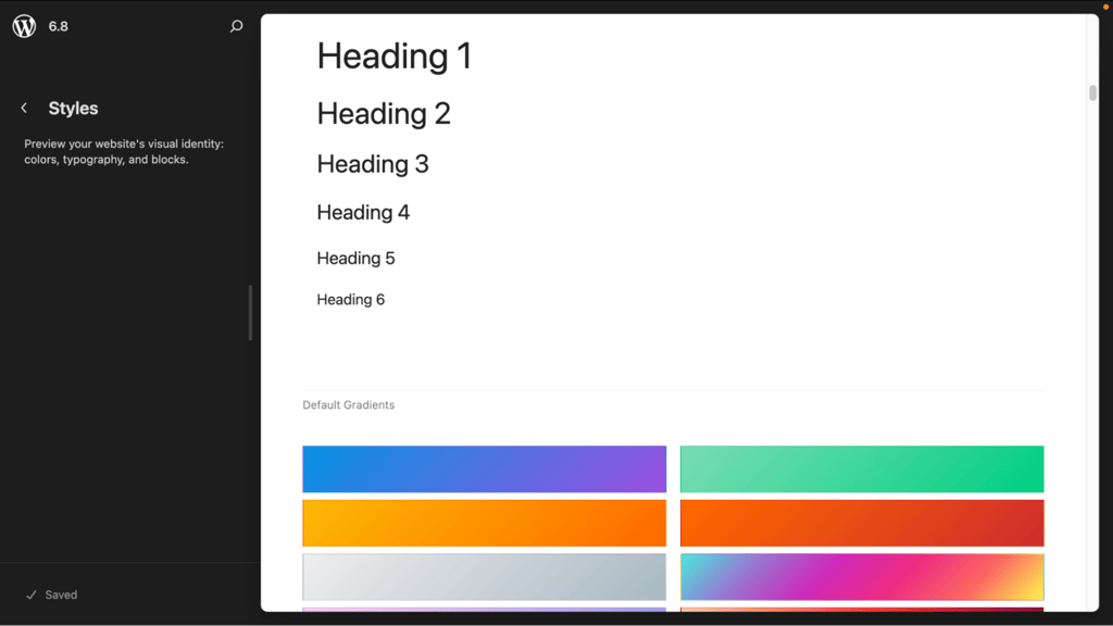 The design panel for a classic theme user, showing a style book interface that preview the overall design of the site's elements
