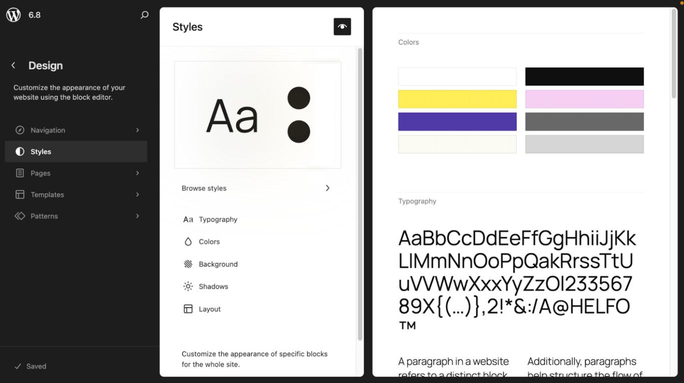 The Design view in the Site Editor, showing the Global Styles panel with the Style Book opened