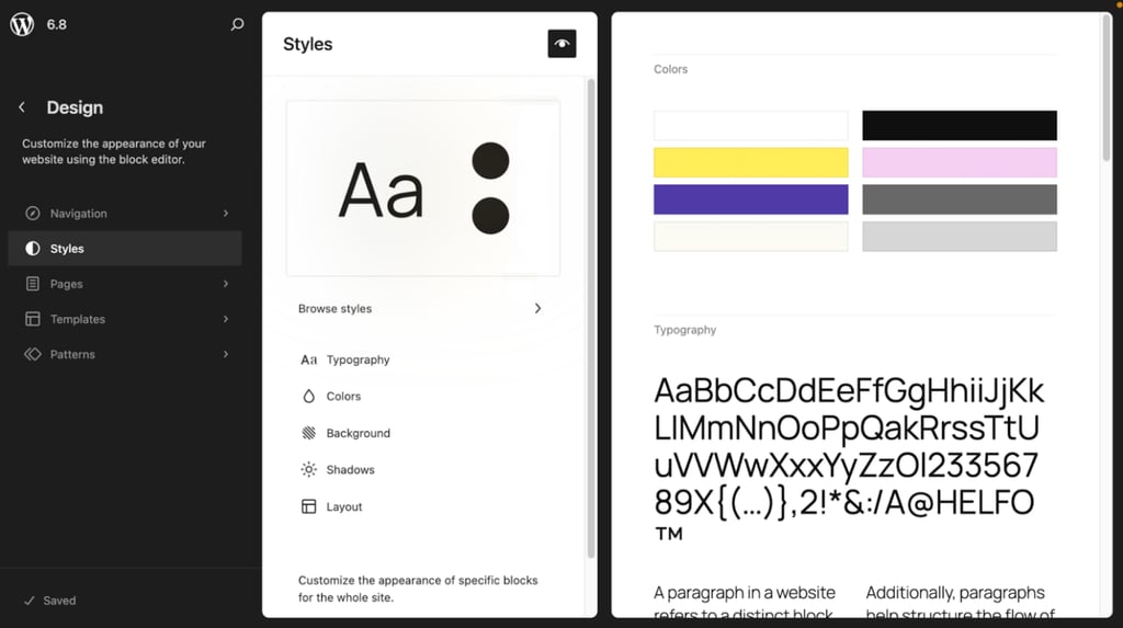 The Design view in the Site Editor, showing the Global Styles panel with the Style Book opened