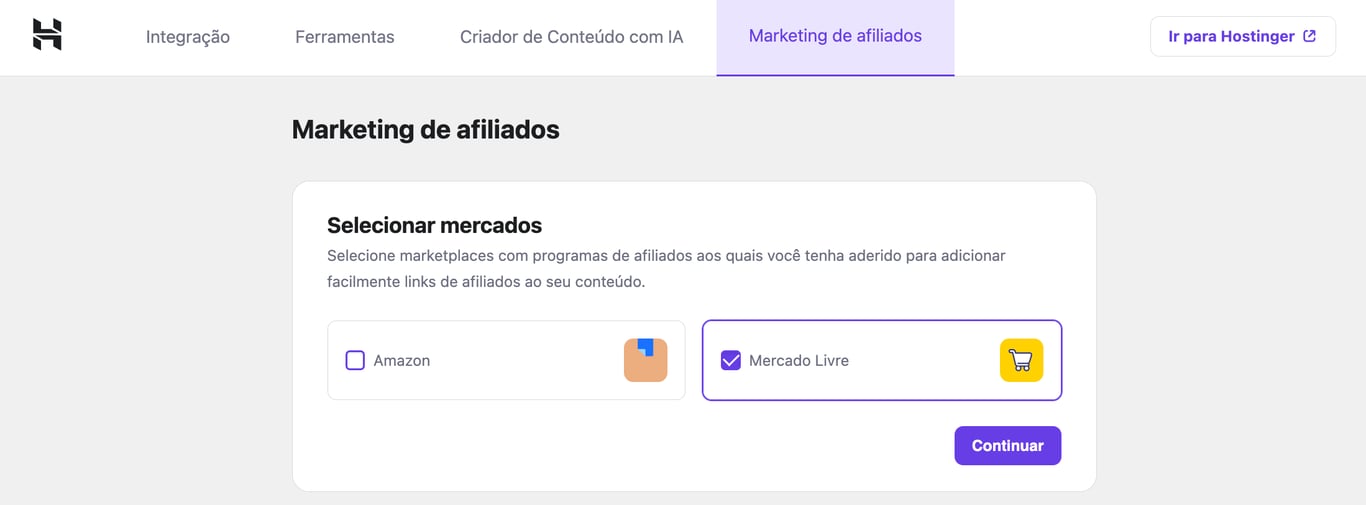 Mercado Livre selected in Hostinger Affiliate Marketing Tools plugin.