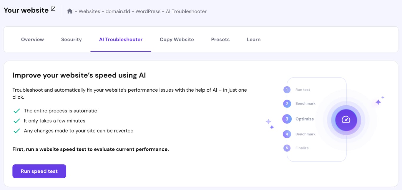 WordPress AI Troubleshooter in hPanel. 